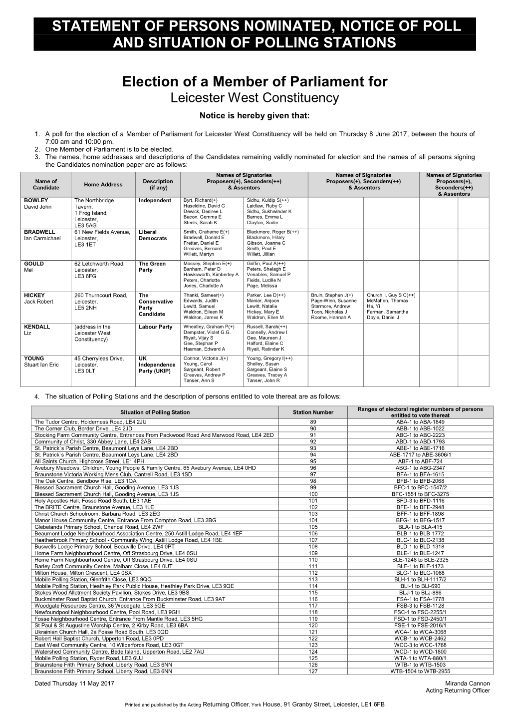 Statement of Persons Nominated, Notice of Poll and Situation of Polling Stations