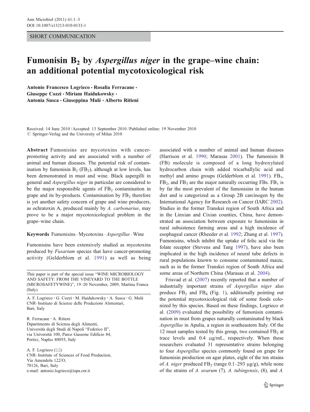 Fumonisin B2 by Aspergillus Niger in the Grape–Wine Chain: an Additional Potential Mycotoxicological Risk