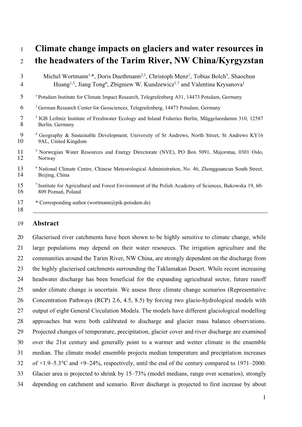 Climate Change Impacts on Glaciers and Water Resources in the Headwaters of the Tarim River, NW China/Kyrgyzstan