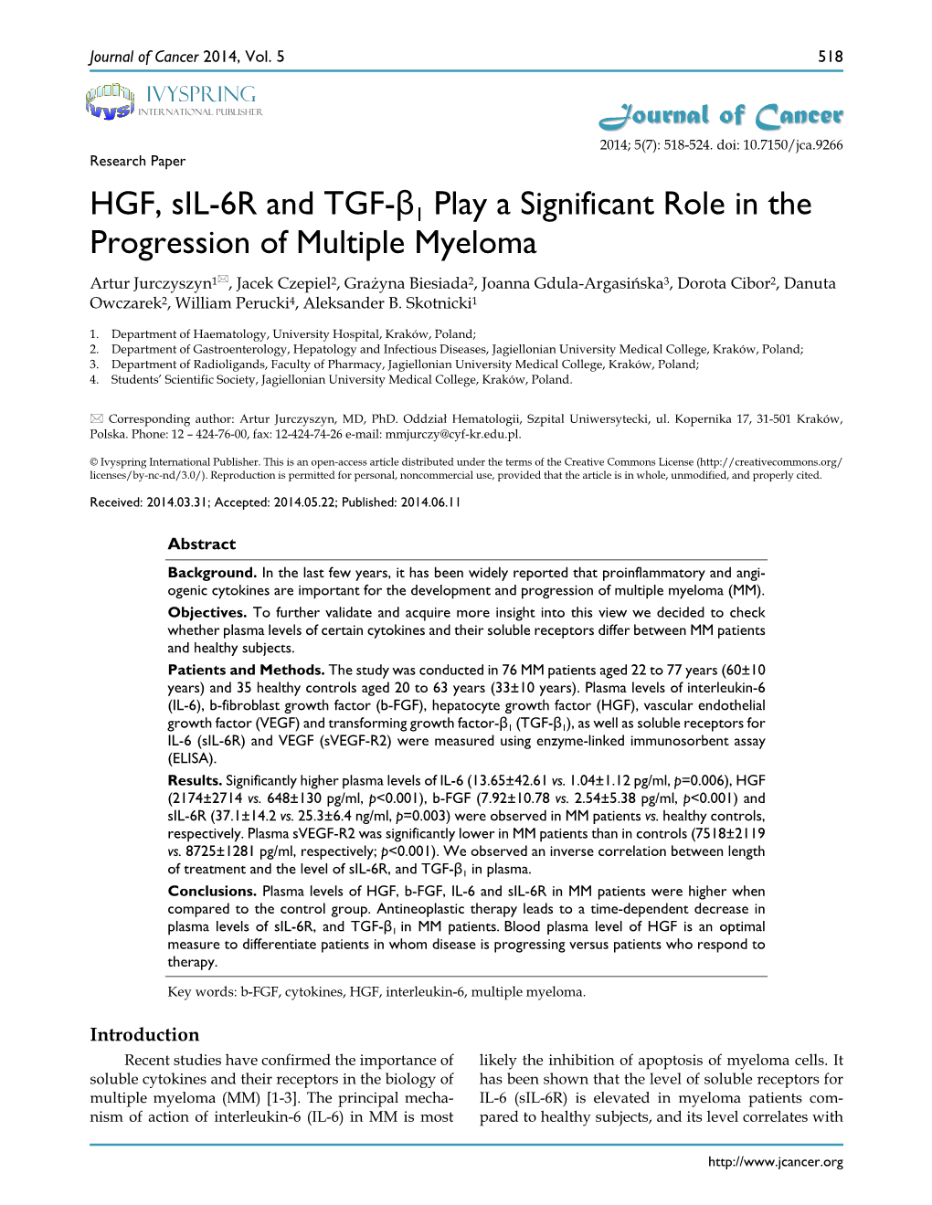 HGF, Sil-6R and TGF-Β1 Play a Significant Role in the Progression