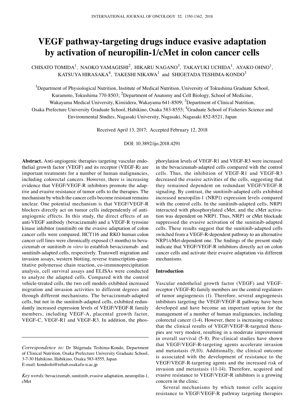 VEGF Pathway-Targeting Drugs Induce Evasive Adaptation by Activation of Neuropilin-1/Cmet in Colon Cancer Cells