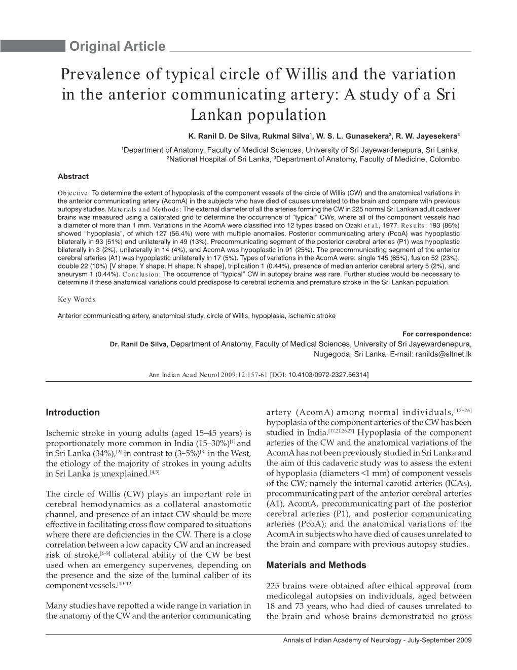 Prevalence of Typical Circle of Willis and the Variation in the Anterior Communicating Artery: a Study of a Sri Lankan Population