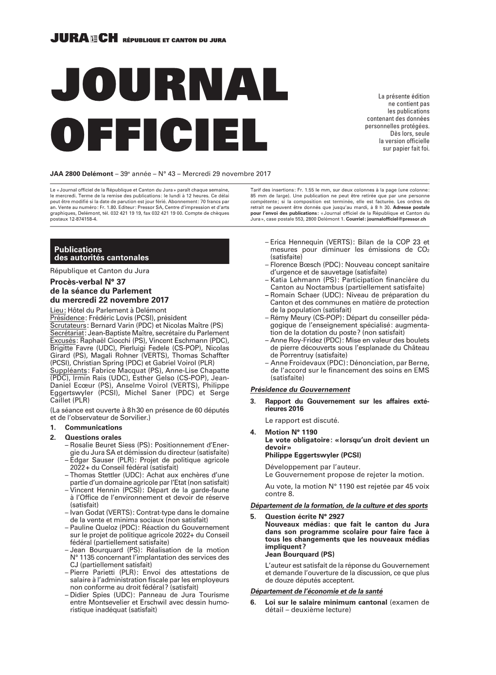 Journal Officiel De La République Et Canton Du Jura » Paraît Chaque Semaine, Tarif Des Insertions : Fr