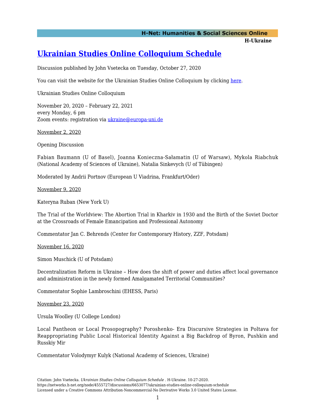 Ukrainian Studies Online Colloquium Schedule