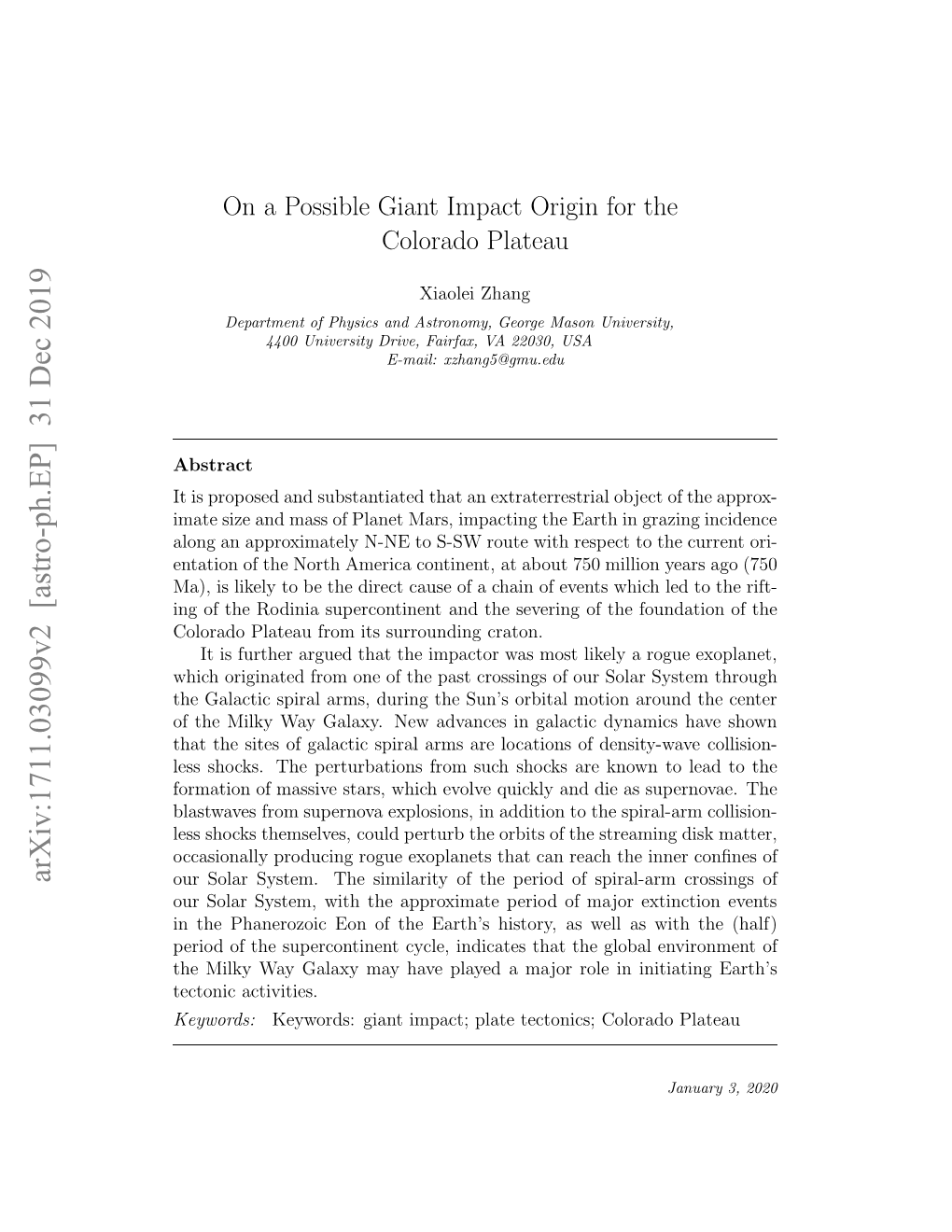 On a Possible Giant Impact Origin for the Colorado Plateau