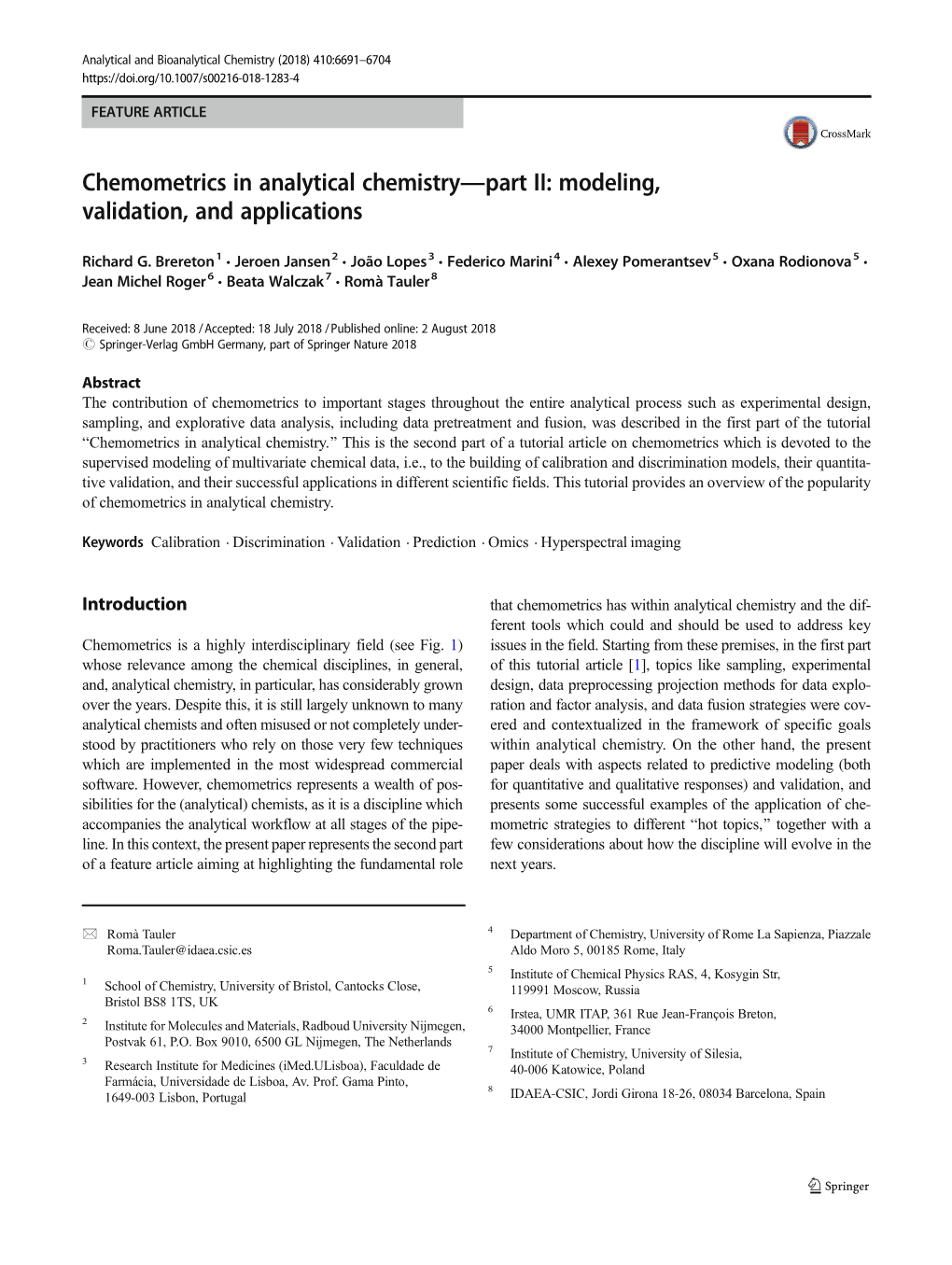 Chemometrics in Analytical Chemistry—Part II: Modeling, Validation, and Applications