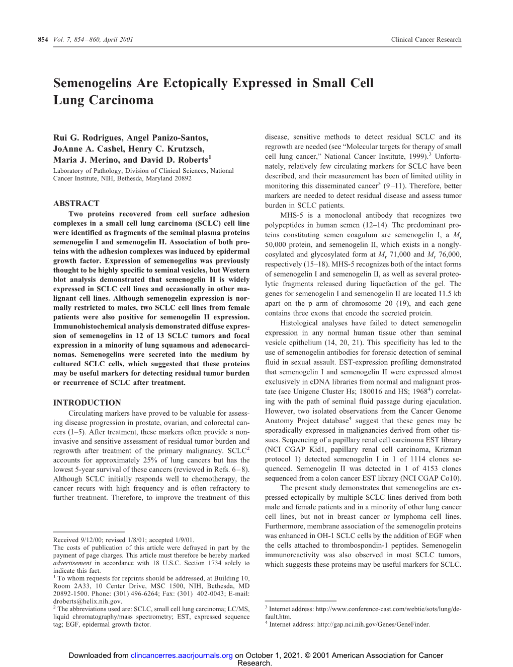 Semenogelins Are Ectopically Expressed in Small Cell Lung Carcinoma