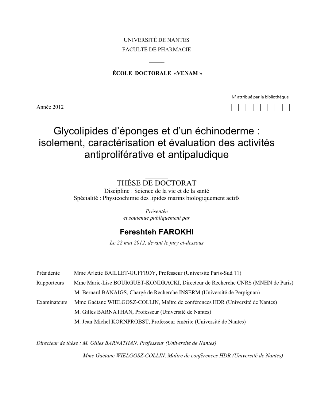 Glycolipides D'éponges Et D'un Échinoderme