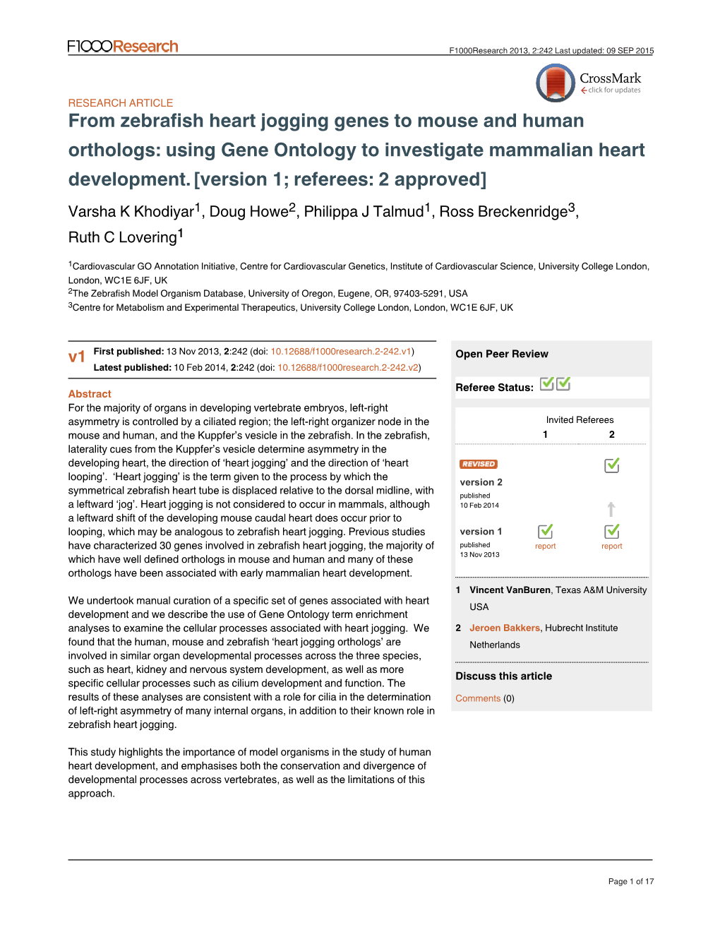 From Zebrafish Heart Jogging Genes to Mouse and Human Orthologs: Using Gene Ontology to Investigate Mammalian Heart Development