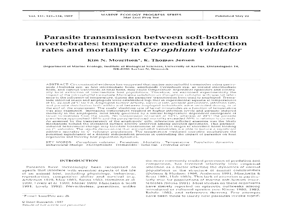 Parasite Transmission Between Soft-Bottom Invertebrates: Temperature Mediated Infection Rates and Mortality in Corophium Volutator