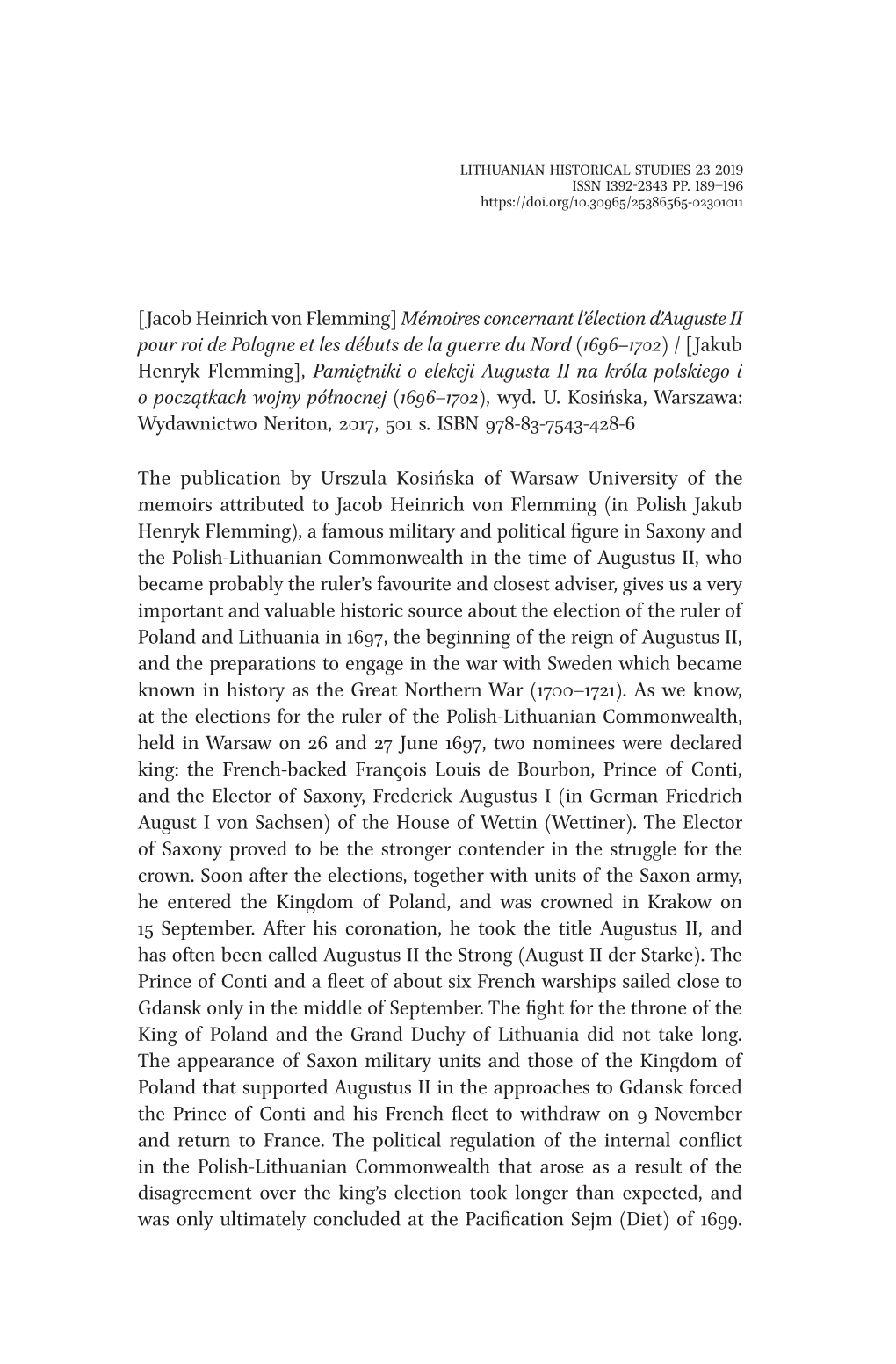 [Jacob Heinrich Von Flemming] Mémoires Concernant L'élection D