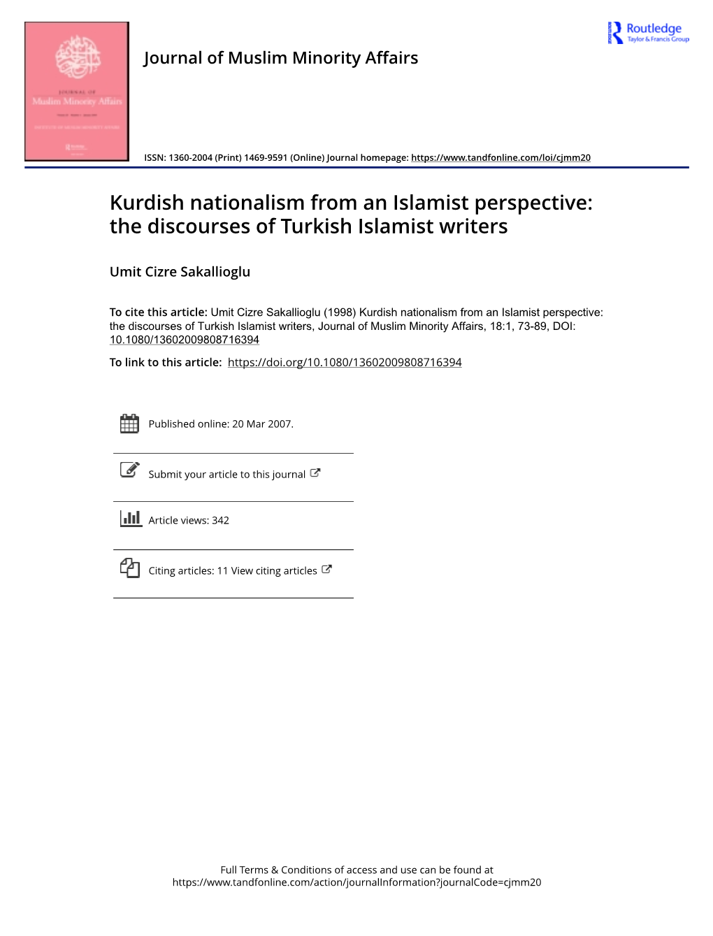 Kurdish Nationalism from an Islamist Perspective: the Discourses of Turkish Islamist Writers