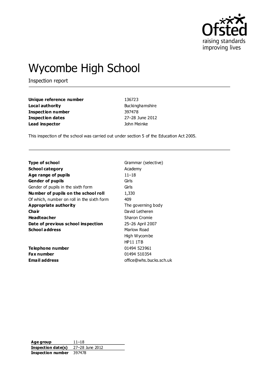 Wycombe High School Inspection Report