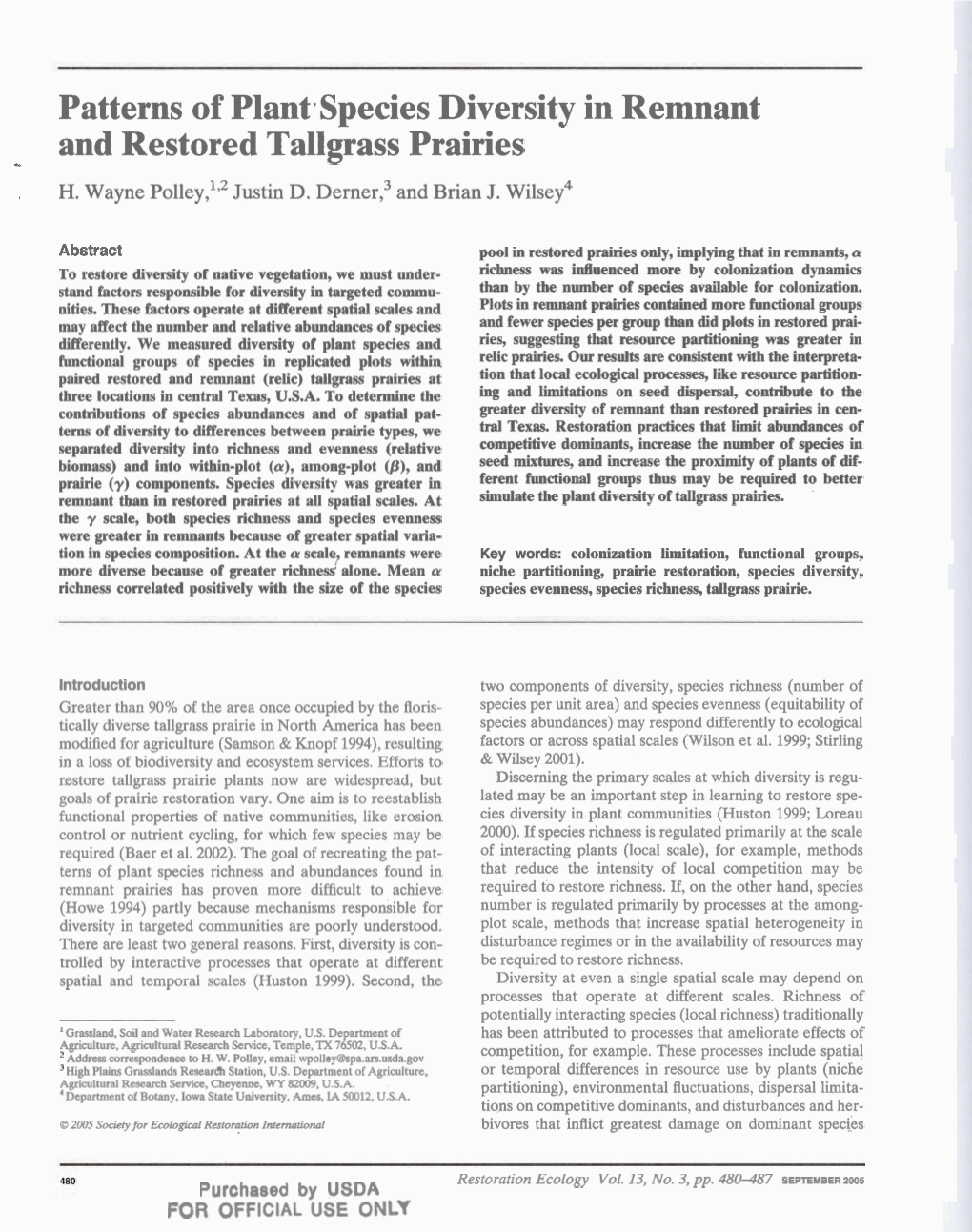 Patterns of Plantespecies Diversity in Remnant and Restored All Grass