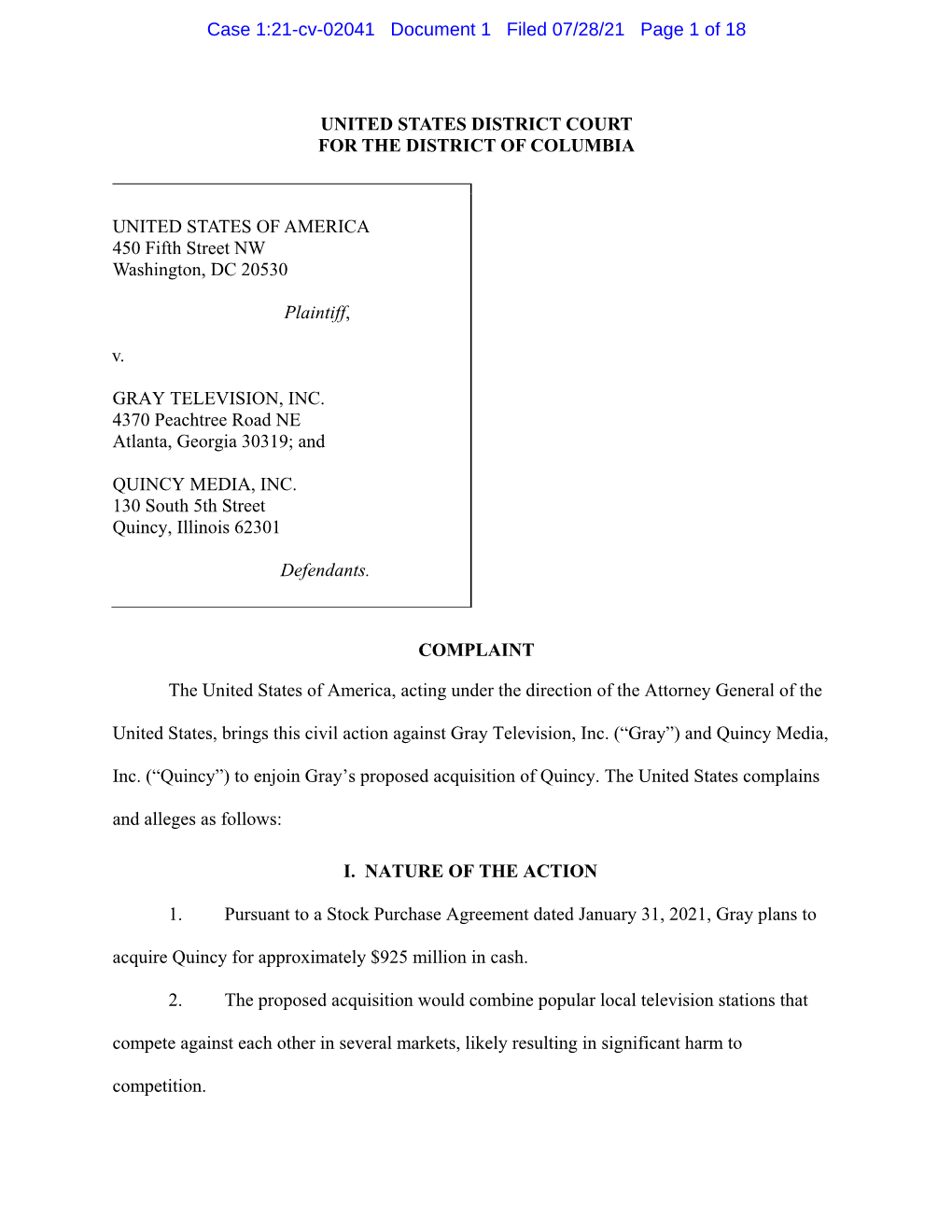 Complaint: U.S. V. Gray Television, Inc. and Quincy Media, Inc
