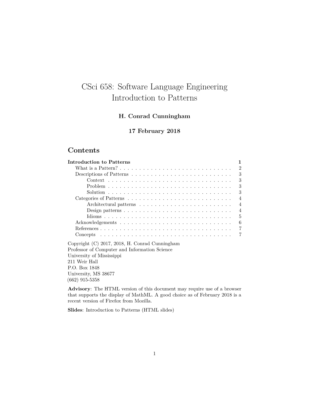 Csci 658: Software Language Engineering Introduction to Patterns