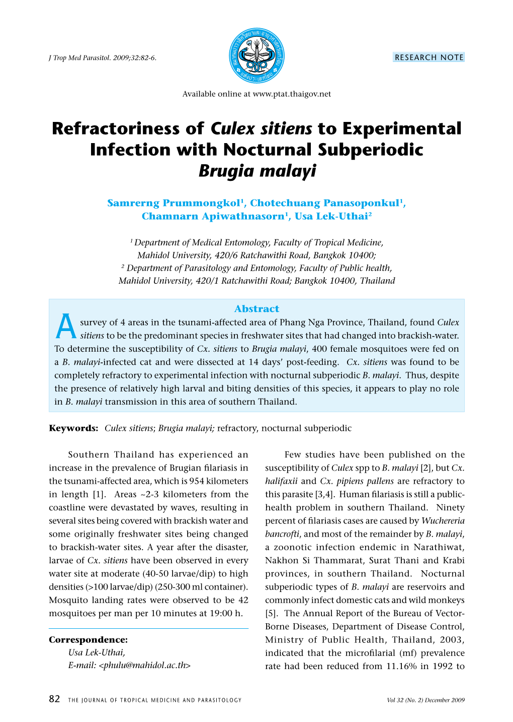 Refractoriness of Culex Sitiens to Experimental Infection with Nocturnal Subperiodic Brugia Malayi