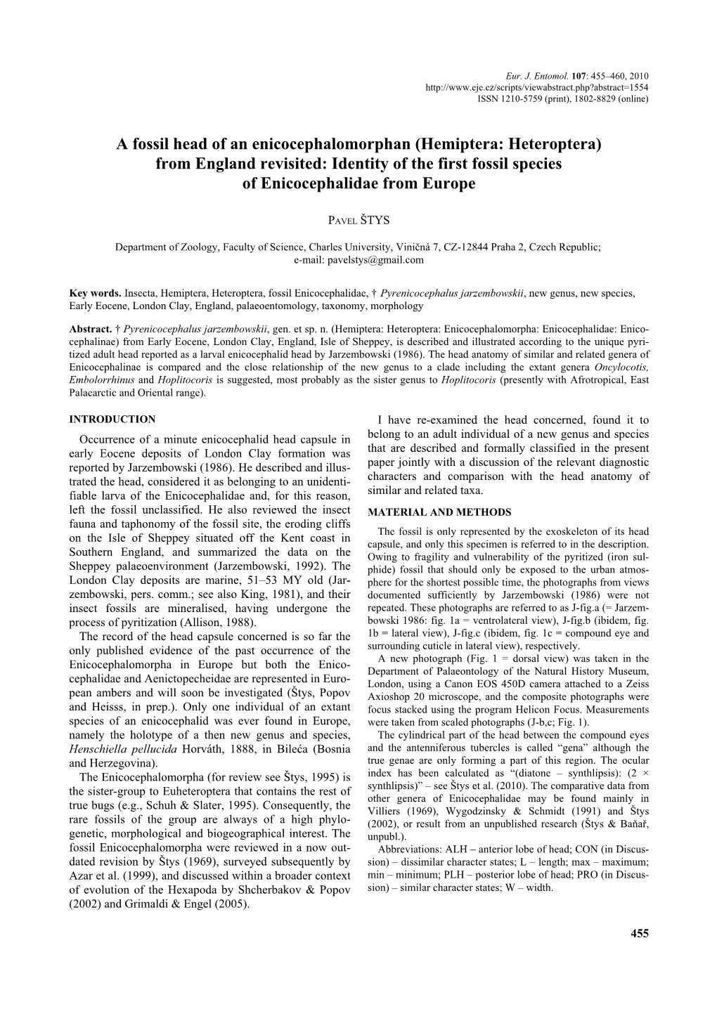 Hemiptera: Heteroptera) from England Revisited: Identity of the First Fossil Species of Enicocephalidae from Europe