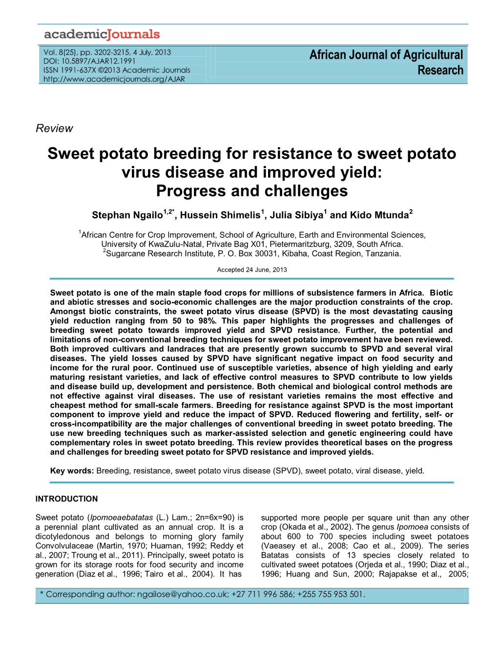 Sweet Potato Breeding for Resistance to Sweet Potato Virus Disease and Improved Yield: Progress and Challenges