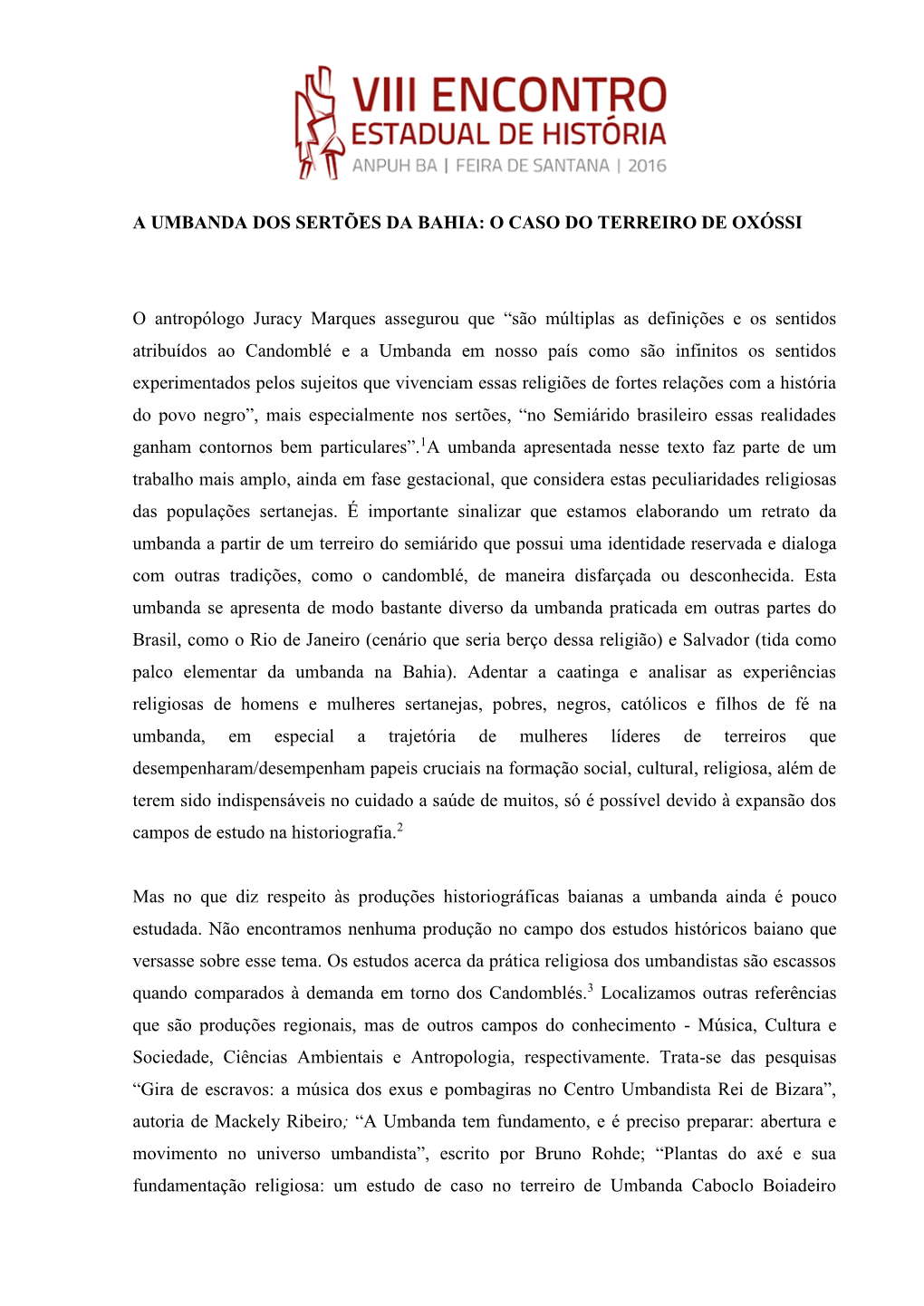 A Umbanda Dos Sertões Da Bahia: O Caso Do Terreiro De Oxóssi