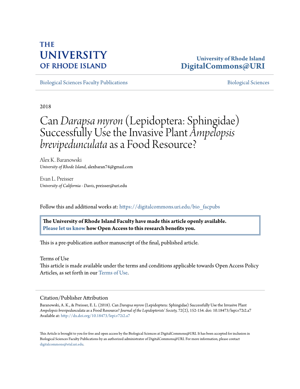 Can Darapsa Myron (Lepidoptera: Sphingidae) Successfully Use the Invasive Plant Ampelopsis Brevipedunculata As a Food Resource? Alex K