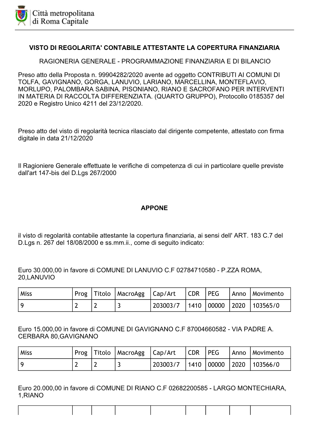 Visto Di Regolarita' Contabile Attestante La Copertura Finanziaria