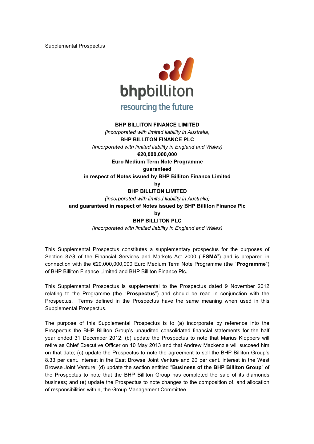 BHP Billiton Supplementary Prospectus 515157108 12.DOC
