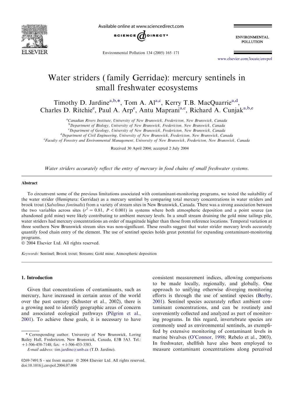 Water Striders ( Family Gerridae): Mercury Sentinels in Small Freshwater Ecosystems
