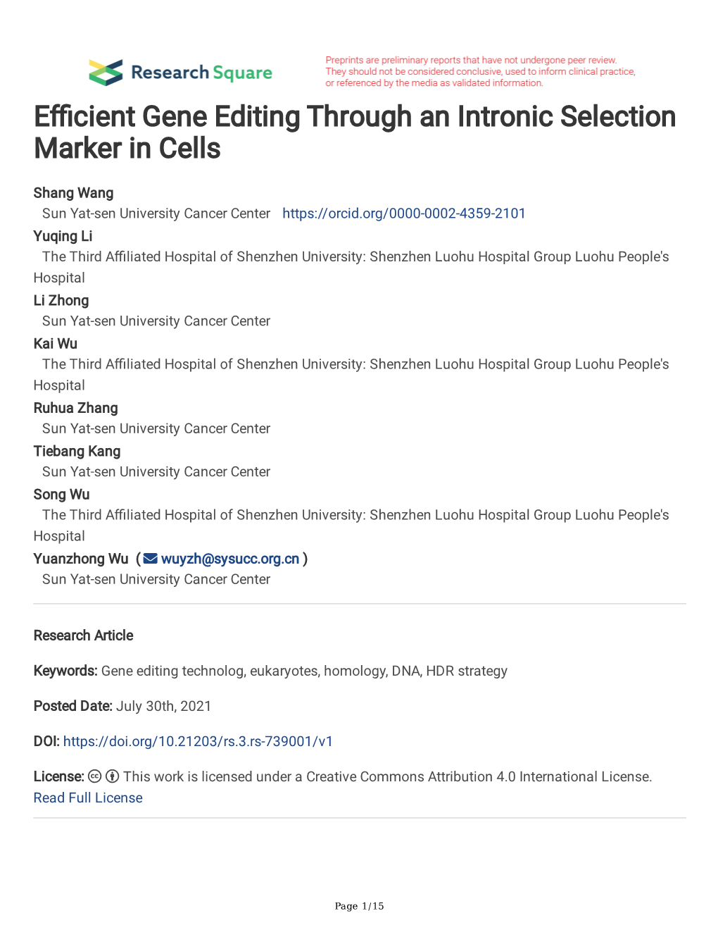 E Cient Gene Editing Through an Intronic Selection Marker in Cells