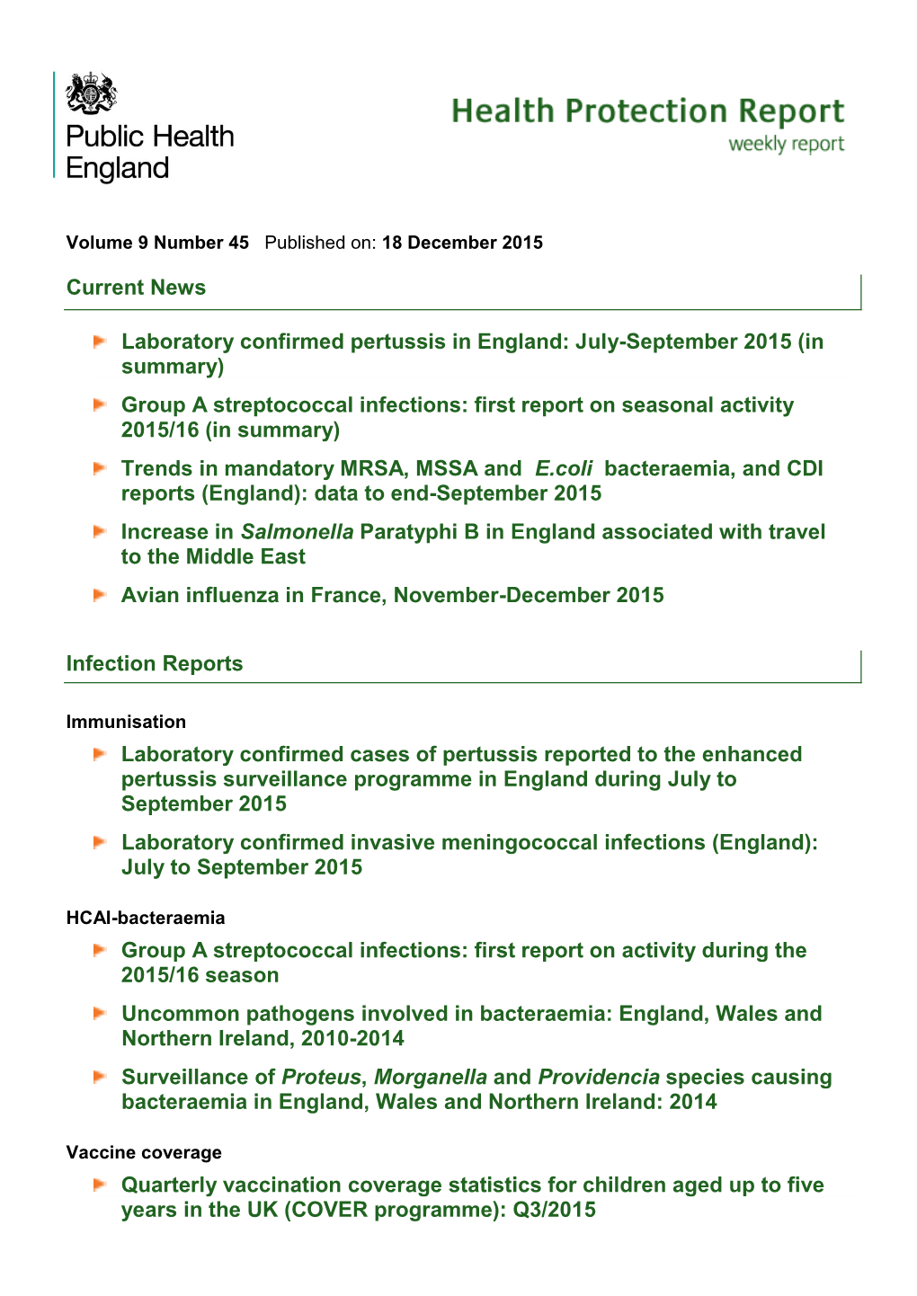 Health Protection Report Vol 9 No