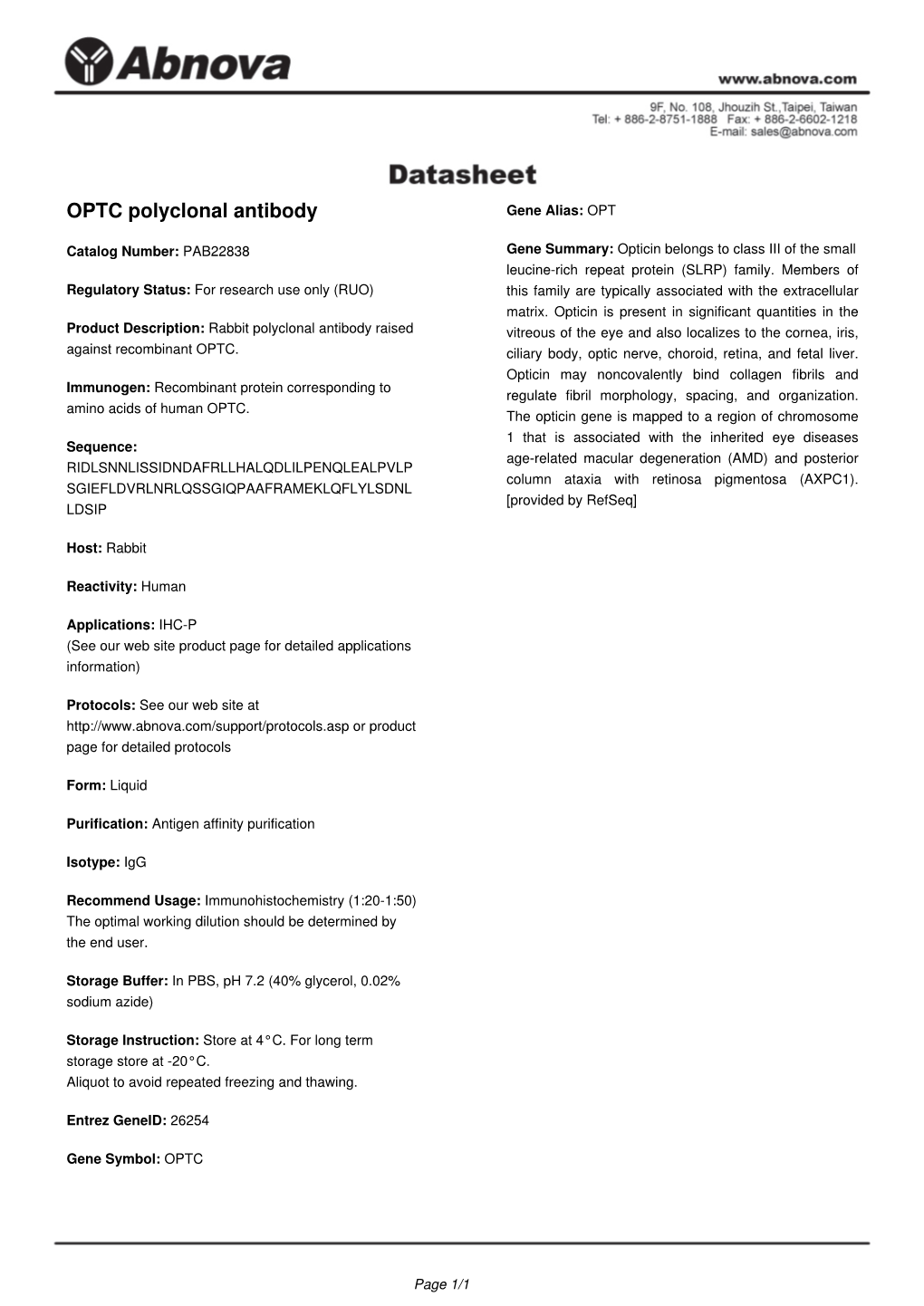 OPTC Polyclonal Antibody Gene Alias: OPT