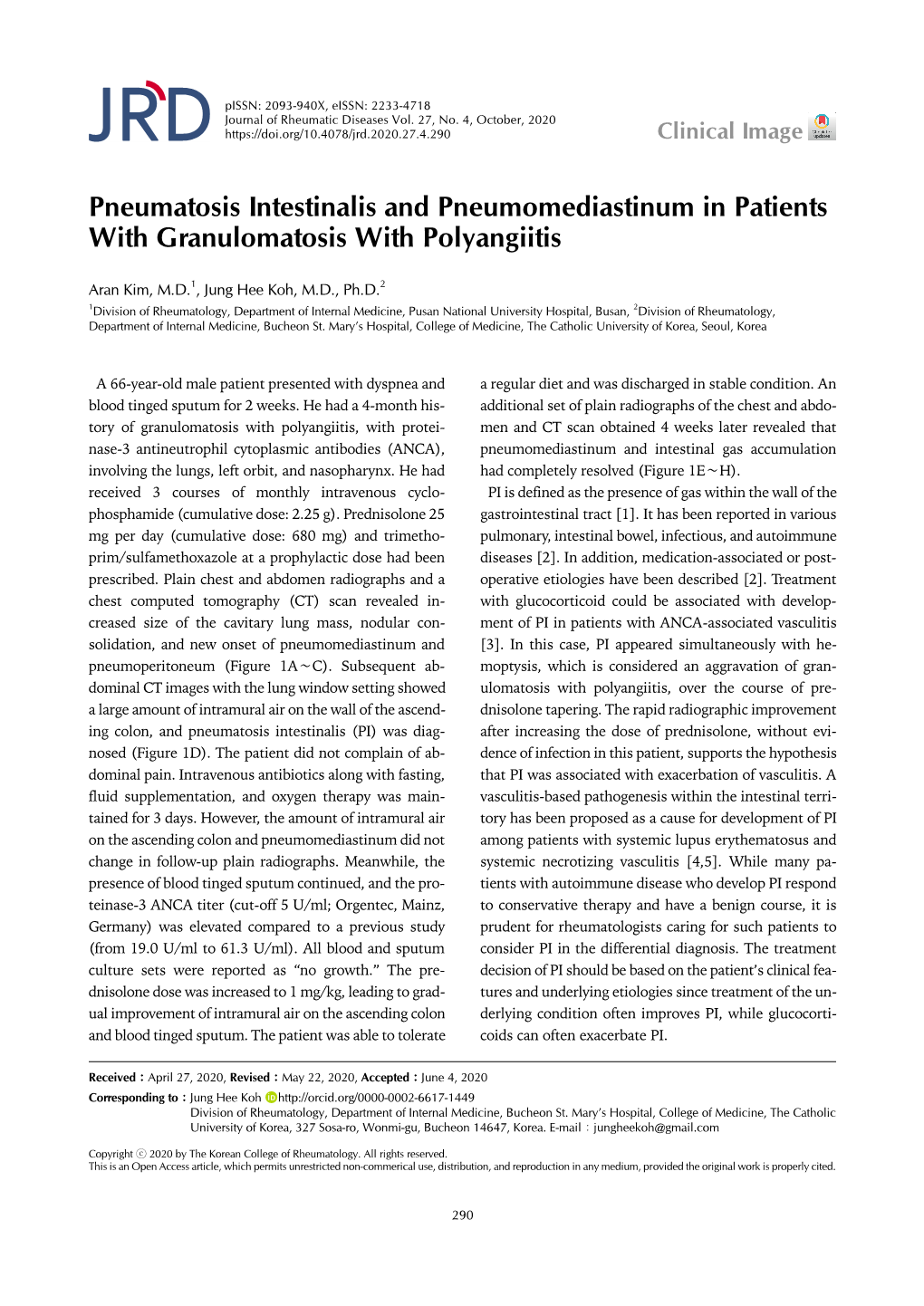 Pneumatosis Intestinalis and Pneumomediastinum in Patients with Granulomatosis with Polyangiitis