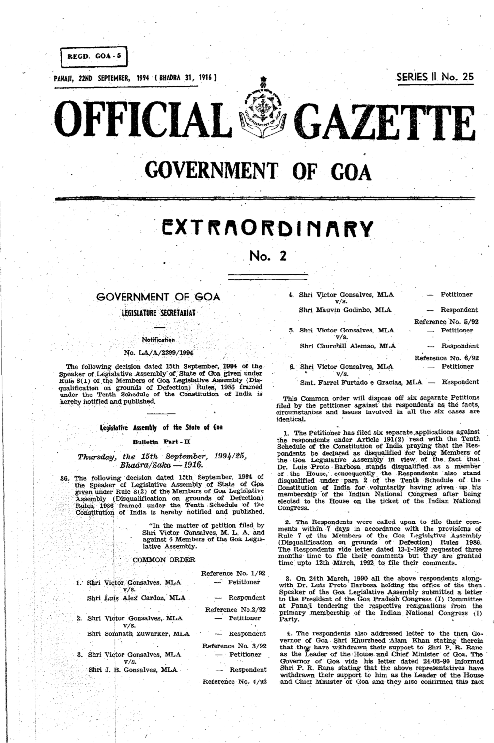 Official Gazette .Government of Goa