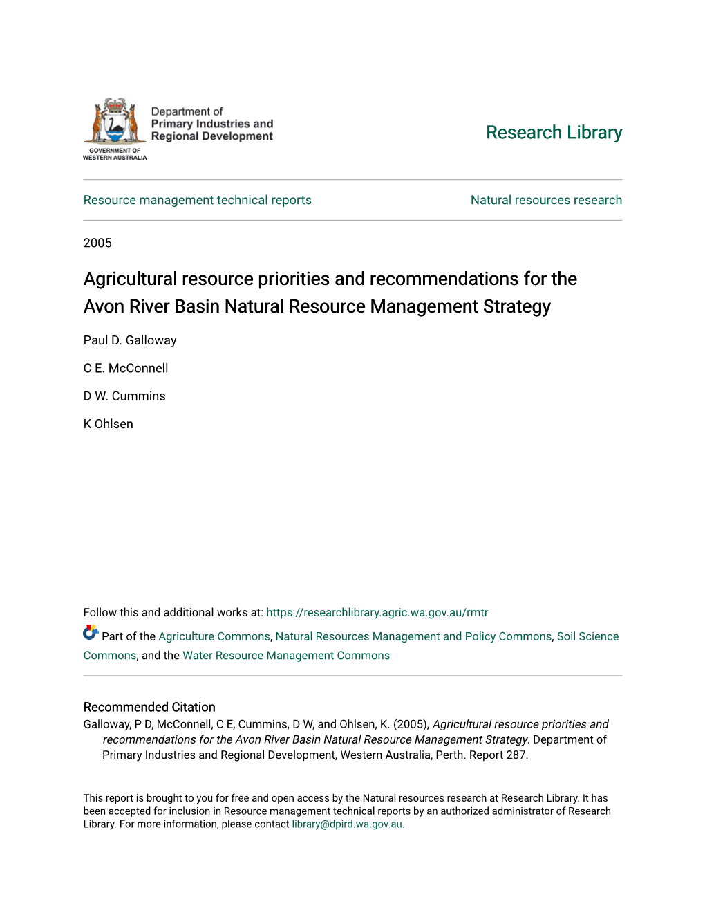 Agricultural Resource Priorities and Recommendations for the Avon River Basin Natural Resource Management Strategy