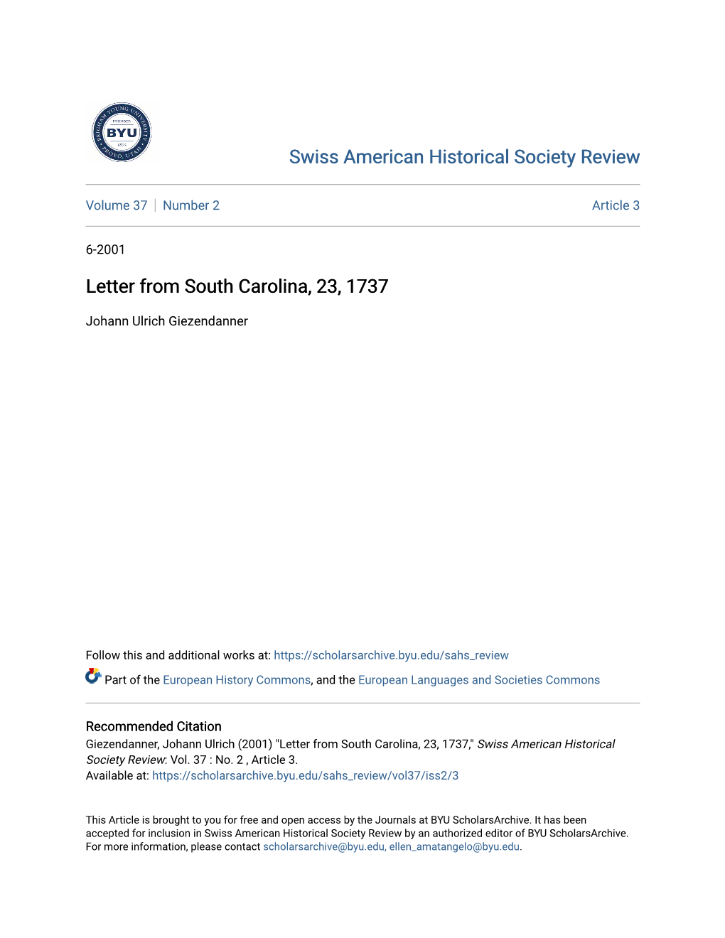 Letter from South Carolina, 23, 1737