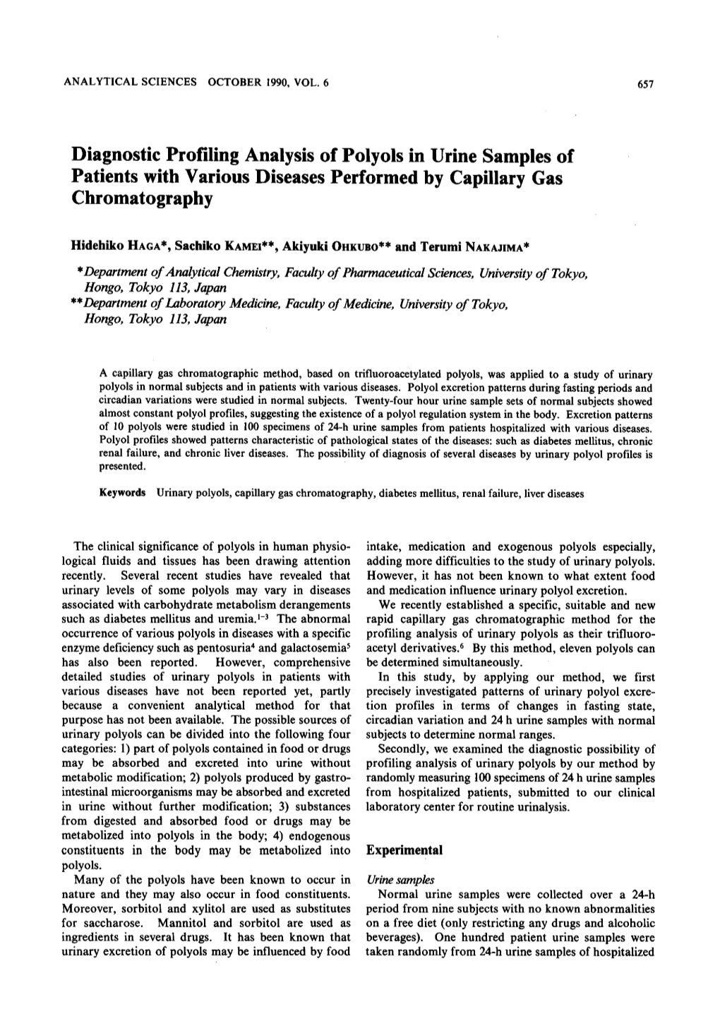 Diagnostic Profiling Analysis of Polyols in Urine Samples of Patients with Various Diseases Performed by Capillary Gas Chromatography