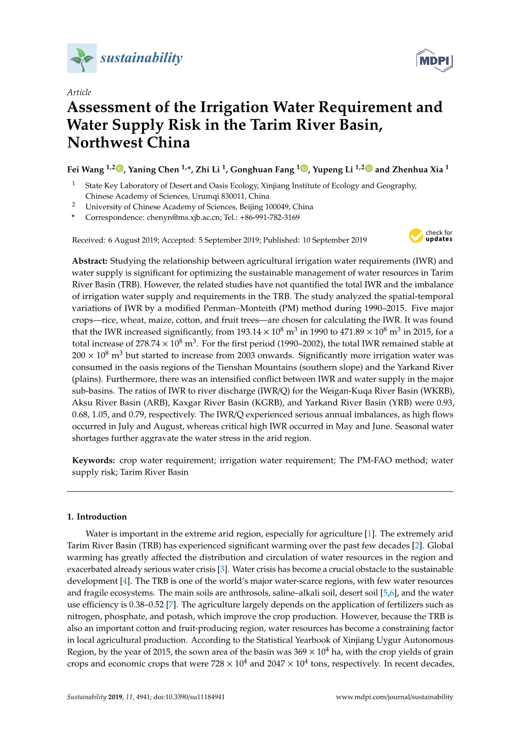 Assessment of the Irrigation Water Requirement and Water Supply Risk in the Tarim River Basin, Northwest China