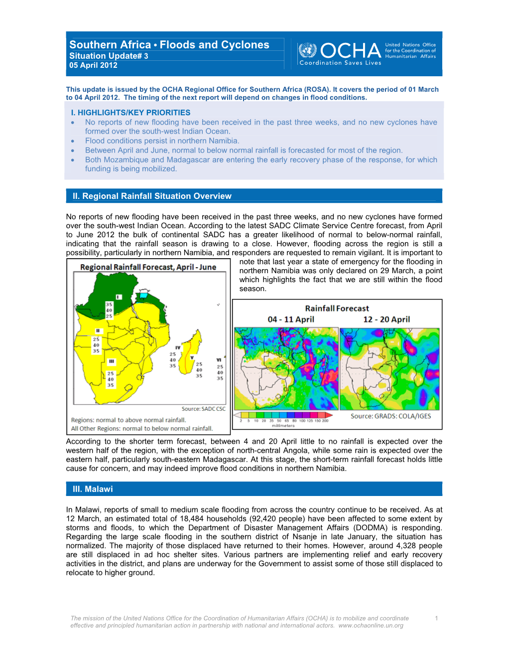 Southern Africa • Floods and Cyclones Situation Update# 3 05 April 2012