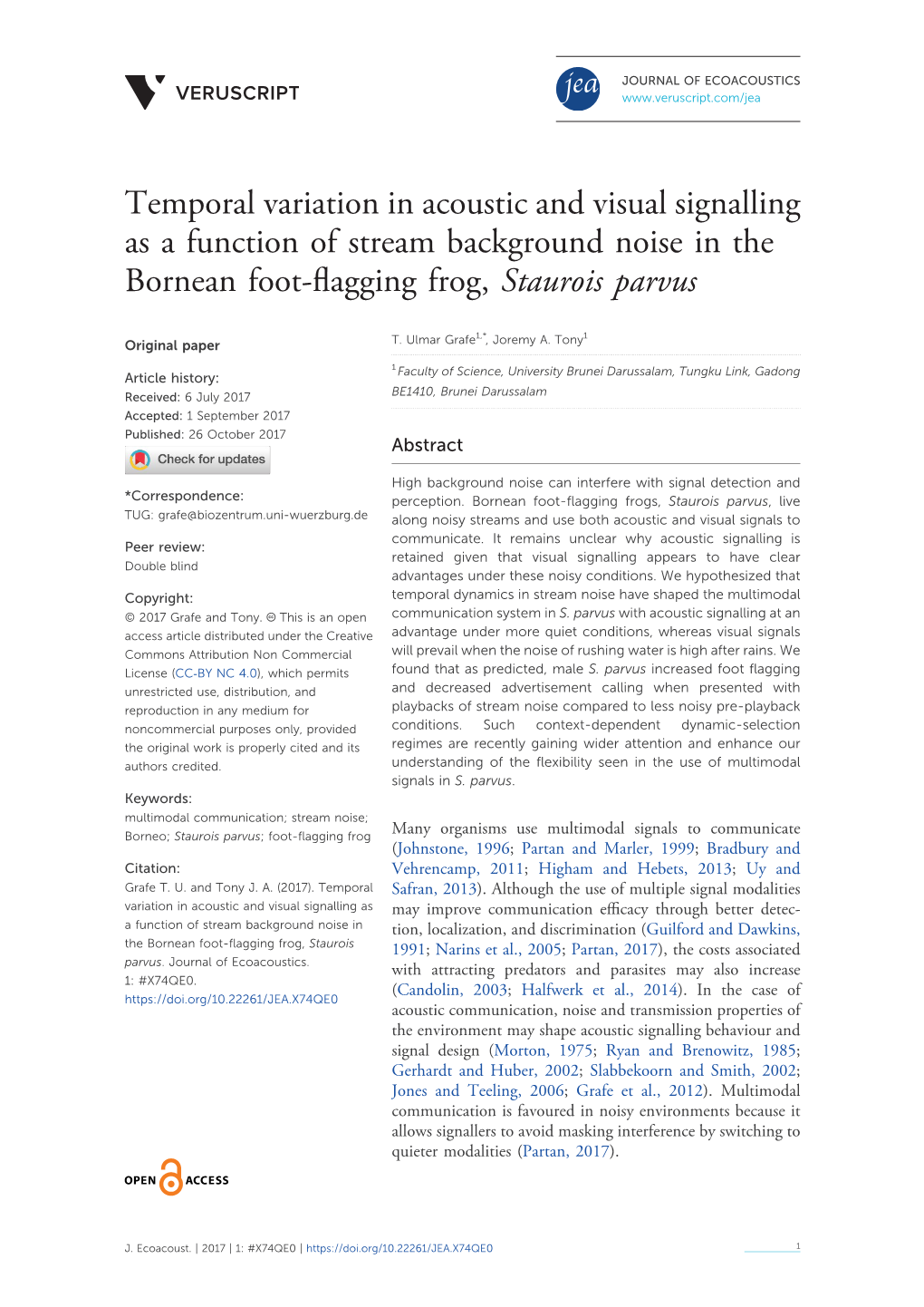 Temporal Variation in Acoustic and Visual Signalling As a Function of Stream Background Noise in the Bornean Foot-Flagging Frog, Staurois Parvus