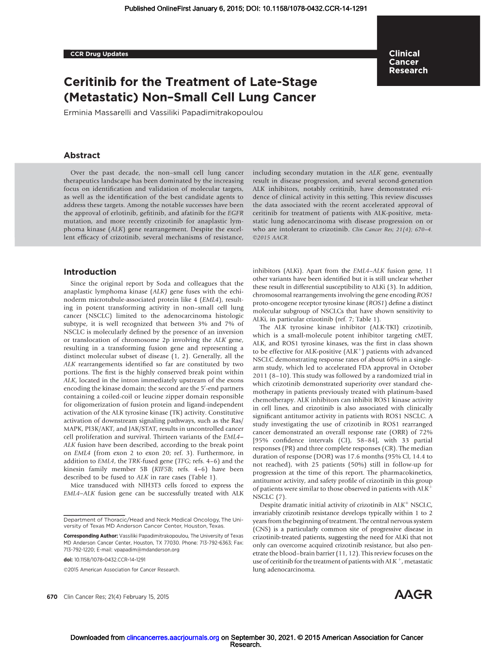 Non–Small Cell Lung Cancer Erminia Massarelli and Vassiliki Papadimitrakopoulou