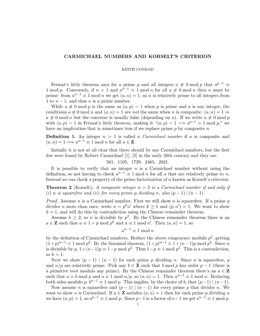 Carmichael Numbers and Korselt's Criterion