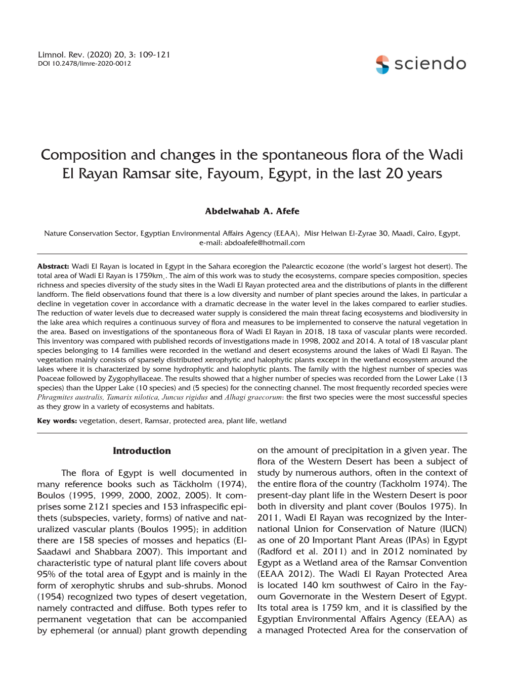 Composition and Changes in the Spontaneous Flora of the Wadi El Rayan Ramsar Site, Fayoum, Egypt, in the Last 20 Years