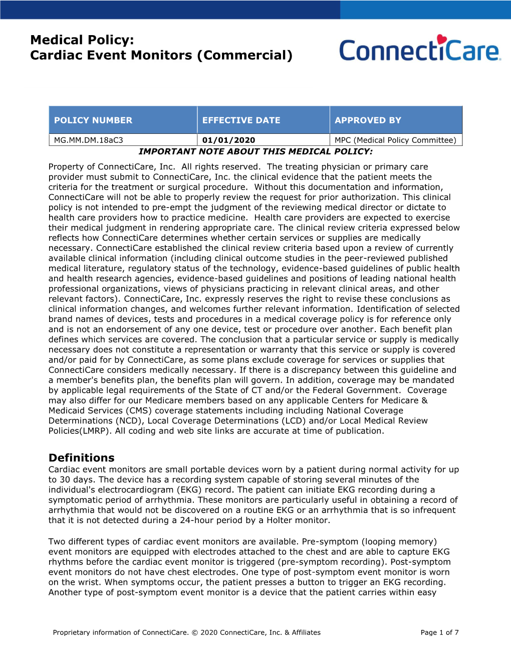 Medical Policy: Cardiac Event Monitors (Commercial)