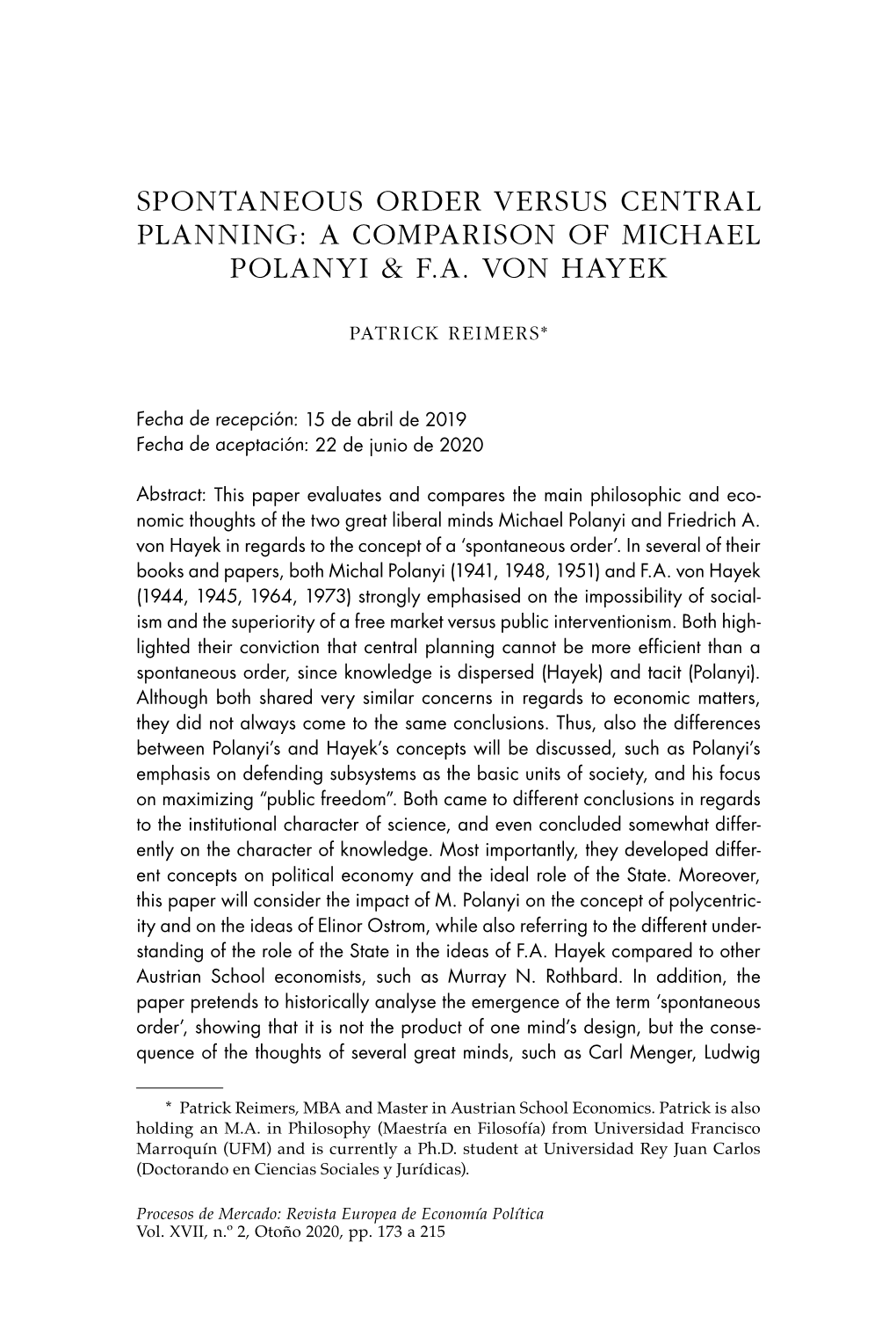 A Comparison of Michael Polanyi & Fa Von Hayek