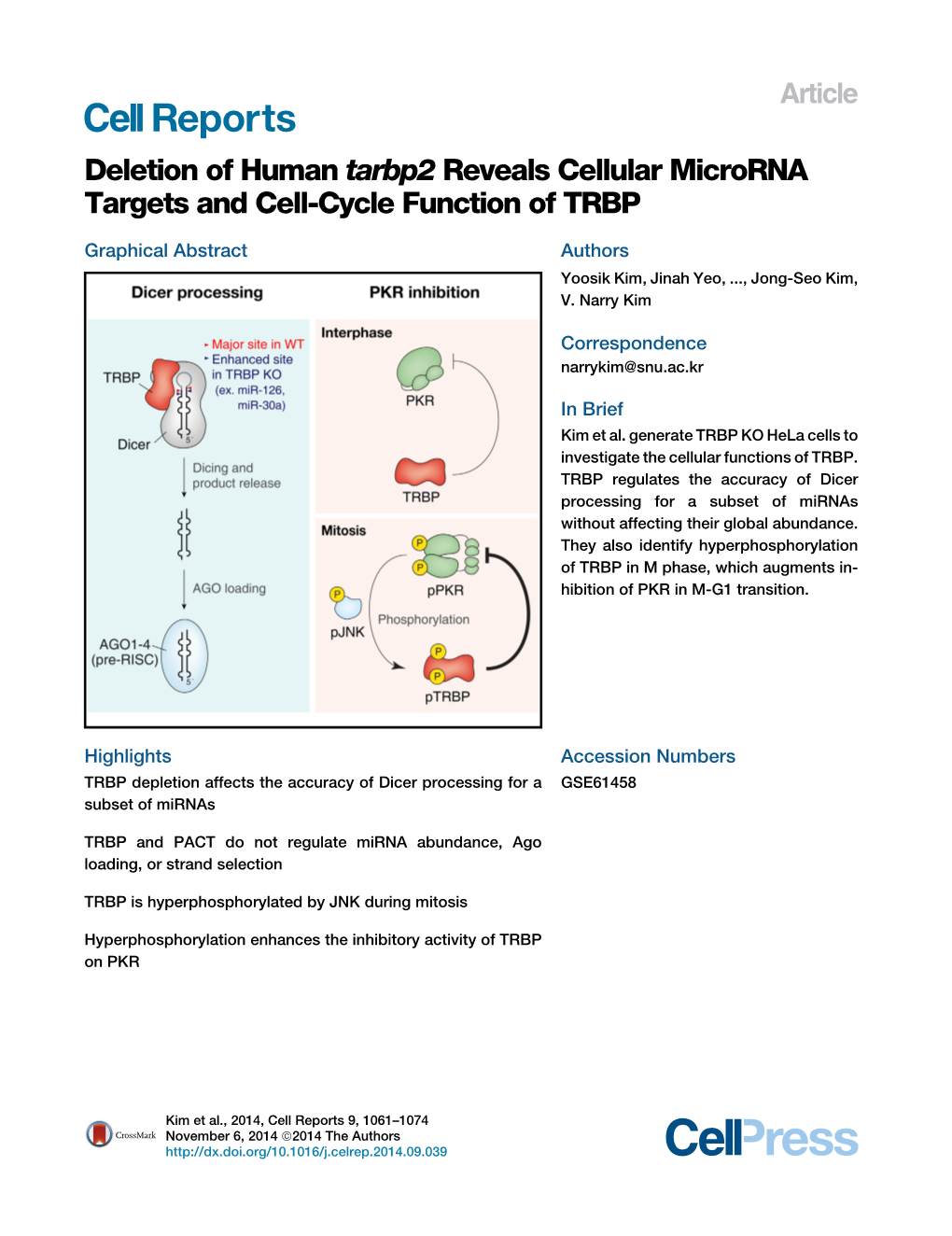 Deletion of Human Tarbp2 Reveals Cellular Microrna Targets and Cell-Cycle Function of TRBP