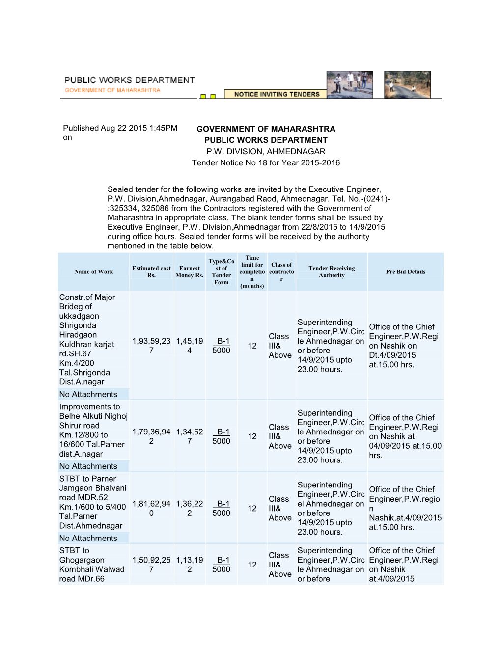 Published on Aug 22 2015 1:45PM GOVERNMENT of MAHARASHTRA PUBLIC WORKS DEPARTMENT P.W. DIVISION, AHMEDNAGAR Tender Notice No 18