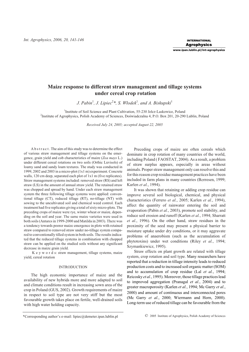 Maize Response to Different Straw Management and Tillage Systems Under Cereal Crop Rotation