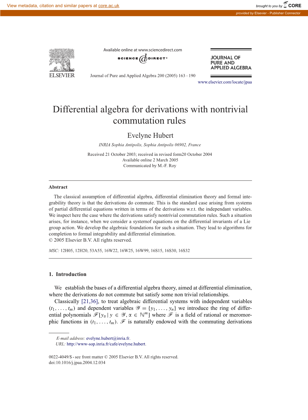 Differential Algebra for Derivations with Nontrivial Commutation Rules Evelyne Hubert INRIA Sophia Antipolis, Sophia Antipolis 06902, France