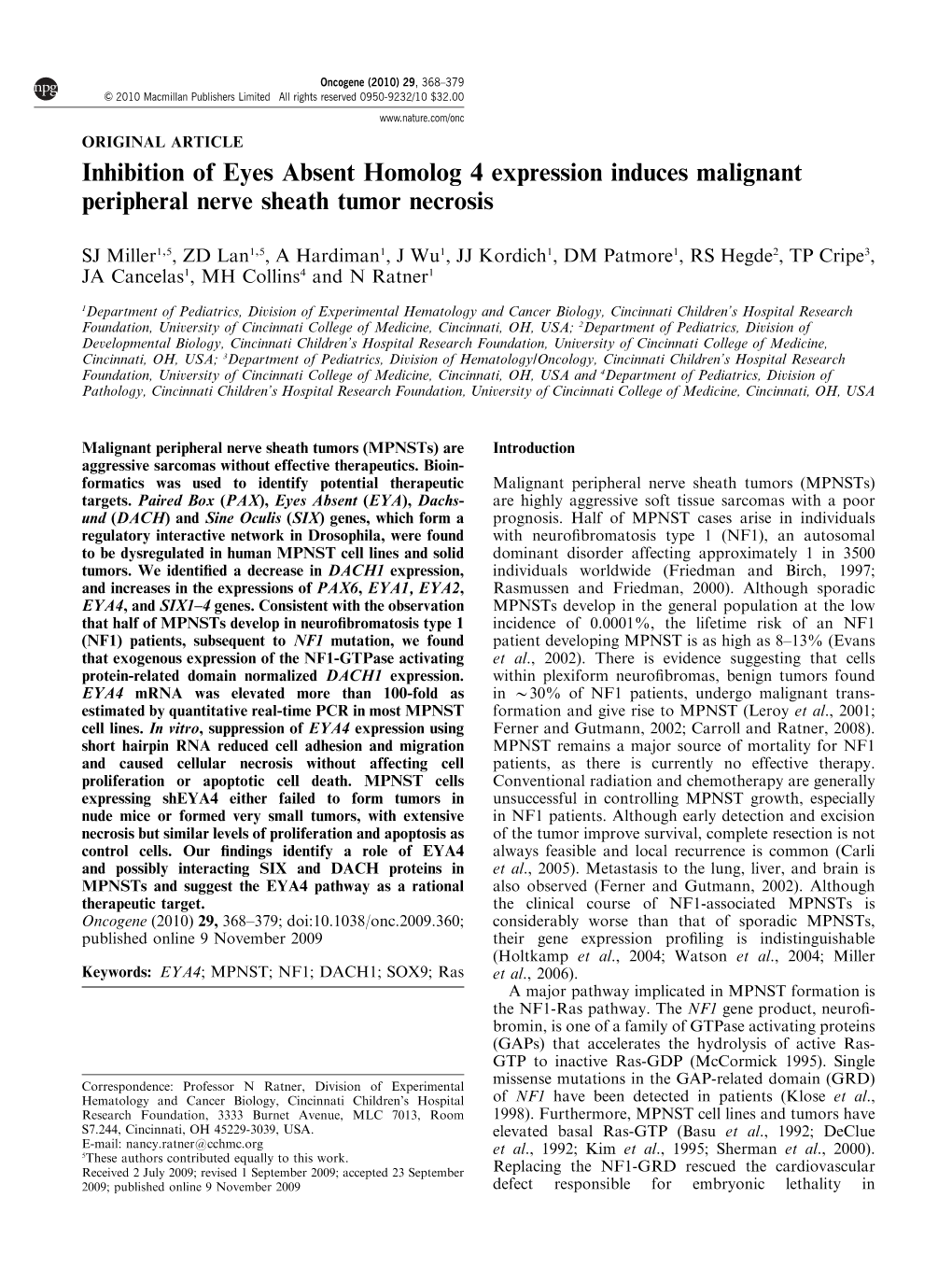 Inhibition of Eyes Absent Homolog 4 Expression Induces Malignant Peripheral Nerve Sheath Tumor Necrosis