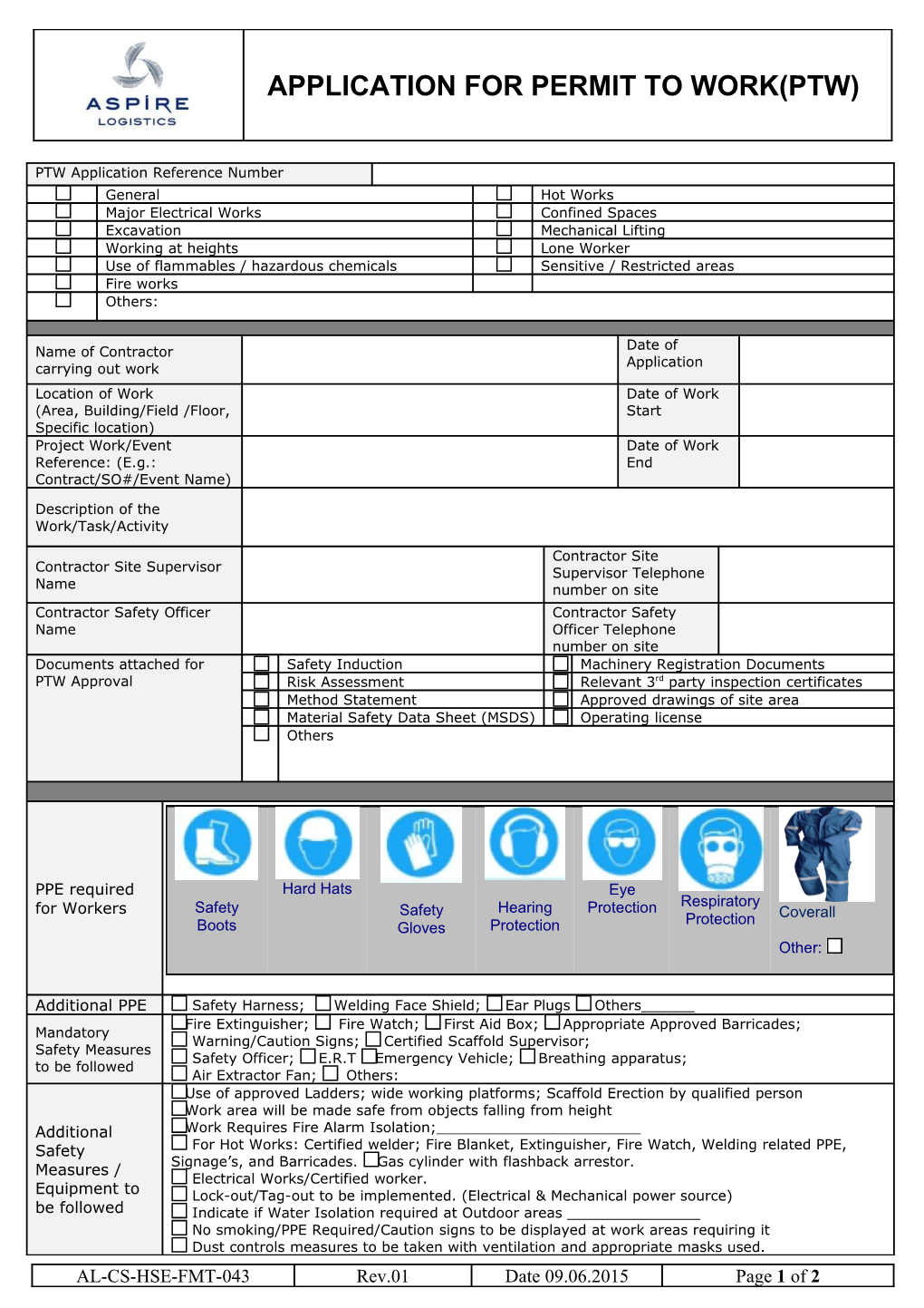 Application for Permit to Work (Ptw) at Az by Contractor